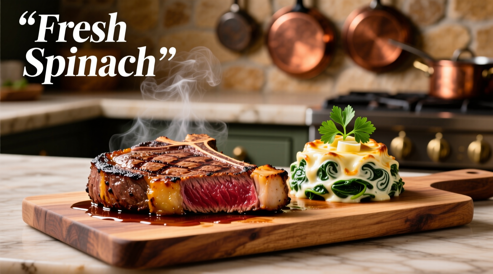 Perfectly seared steak with creamy spinach side