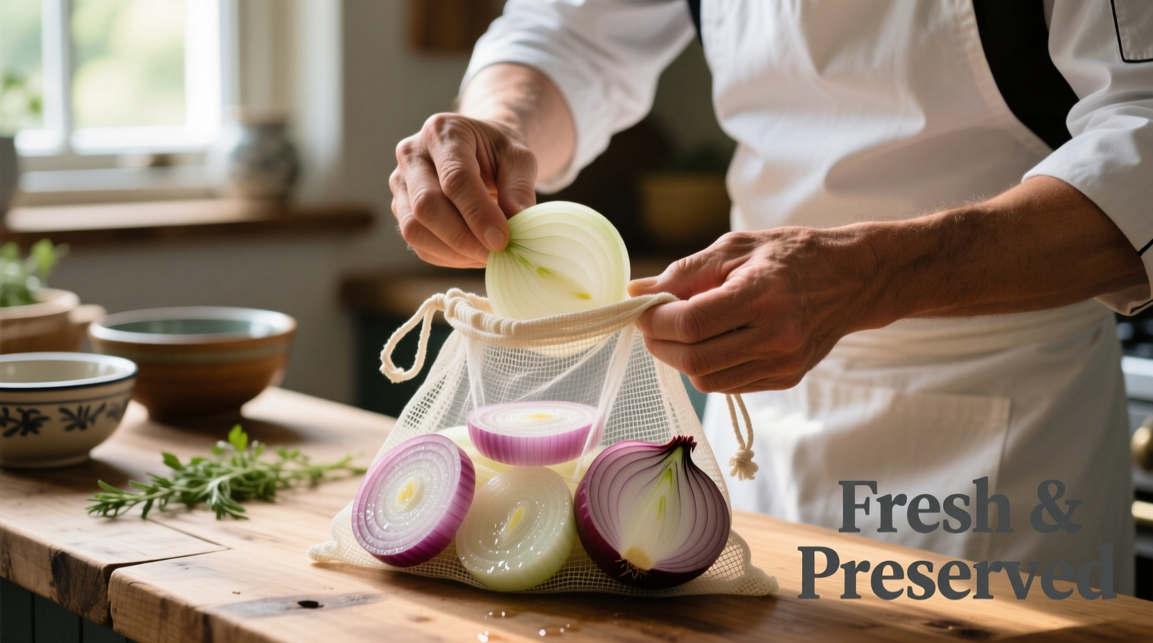 Chef placing sliced onions in mesh bag for food preservation