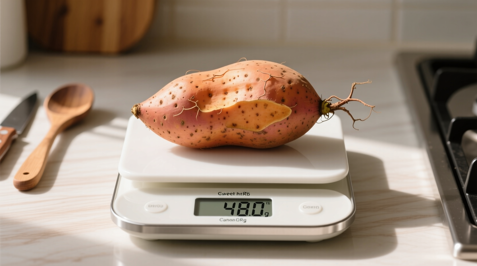 Medium sweet potato on kitchen scale showing weight