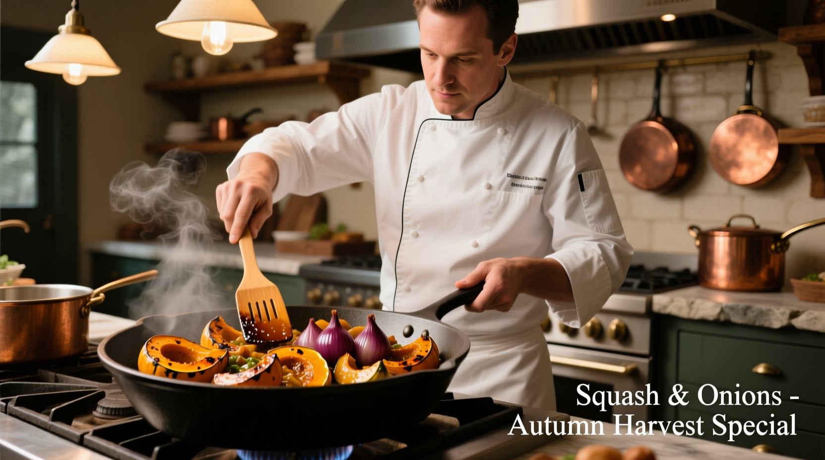 Chef preparing roasted squash and caramelized onions