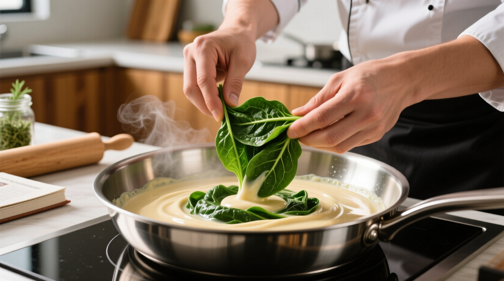Chef folding spinach into creamy sauce in stainless steel pan
