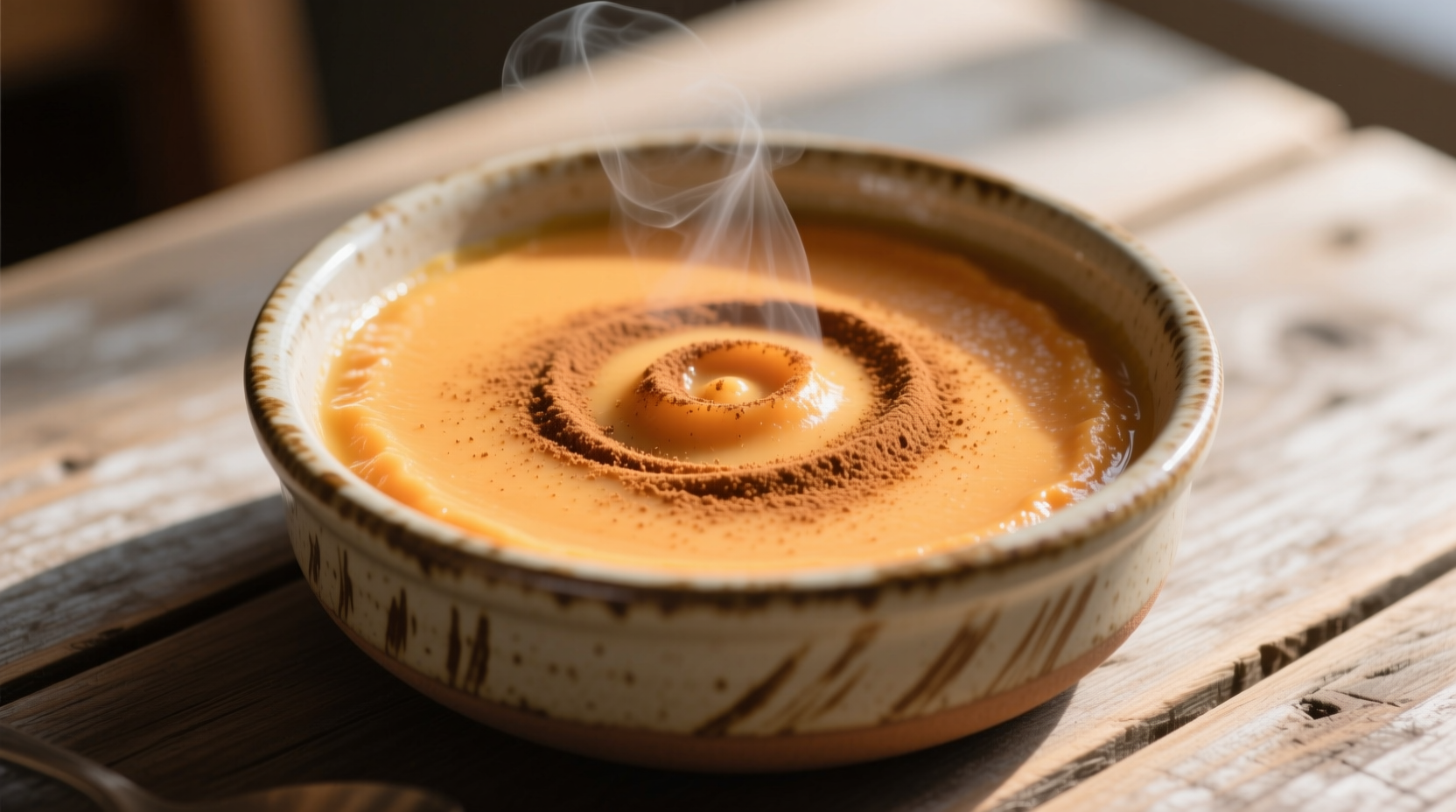 Creamy sweet potato pudding in ceramic dish with cinnamon garnish