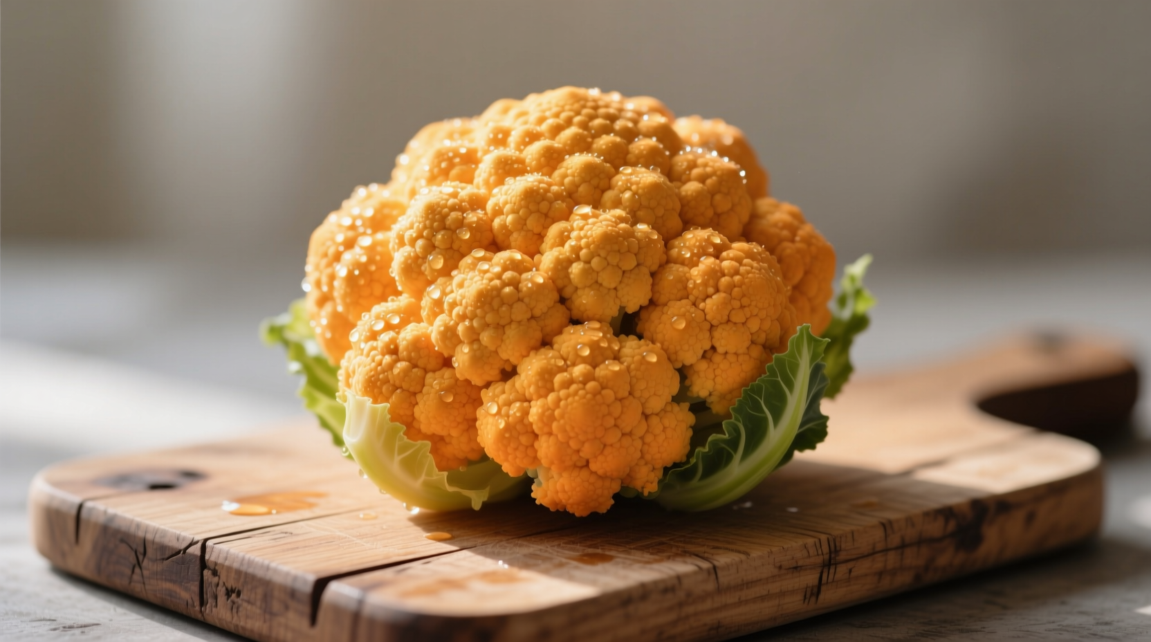 Fresh orange cauliflower head on wooden cutting board