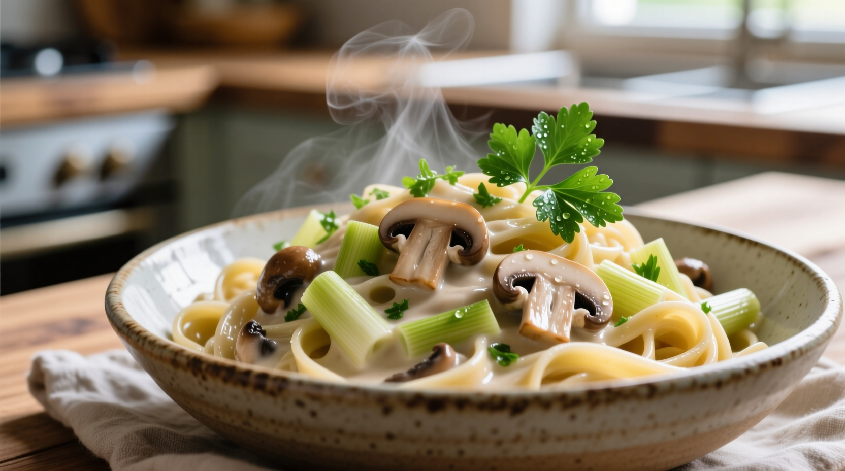 Creamy mushroom leek pasta with fresh parsley garnish