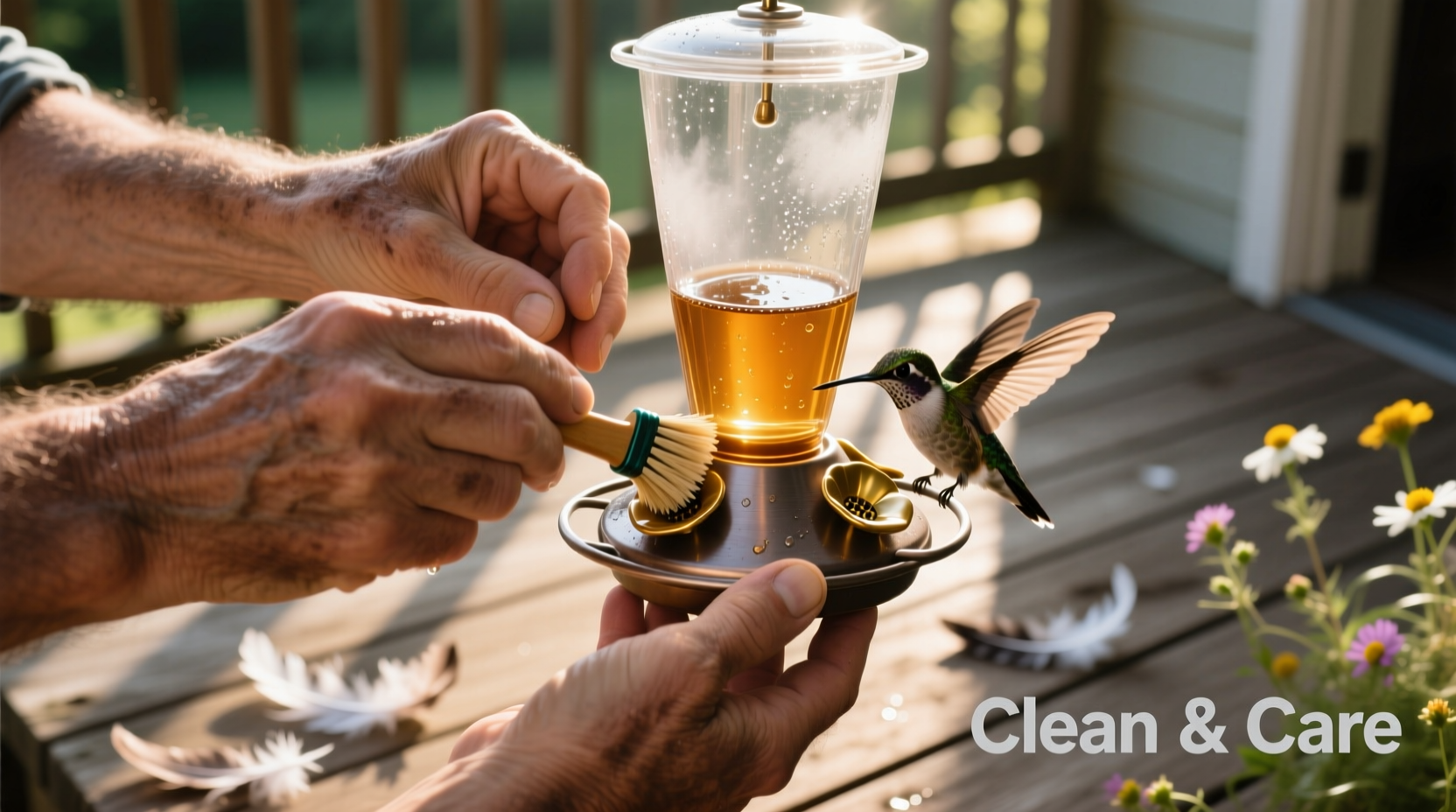 Hand cleaning hummingbird feeder with vinegar solution