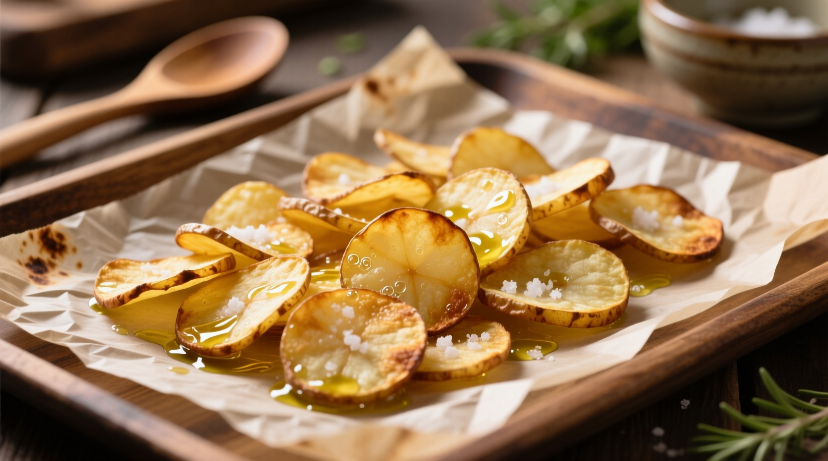 Homemade oven baked potato chips on parchment paper