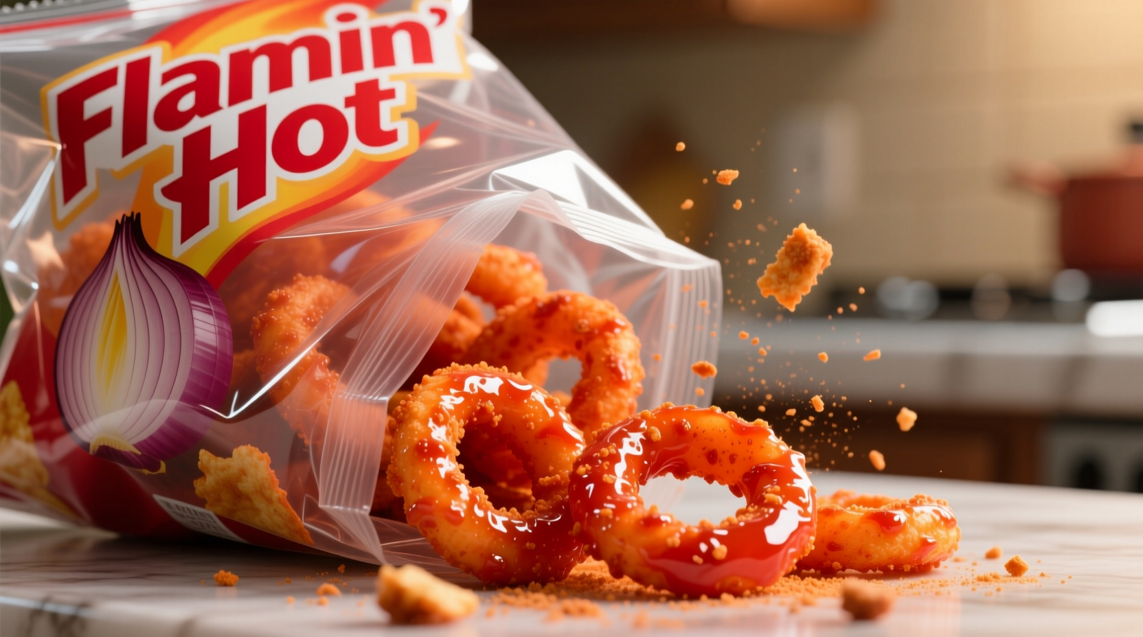 Close-up of Flamin' Hot Onion Flavored Rings in a bag