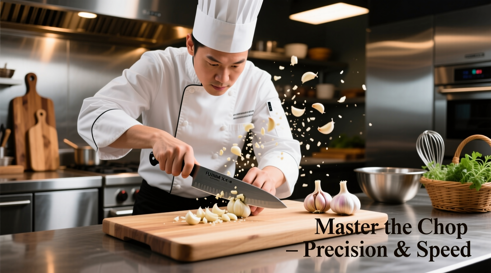 Professional chef demonstrating garlic chopping technique