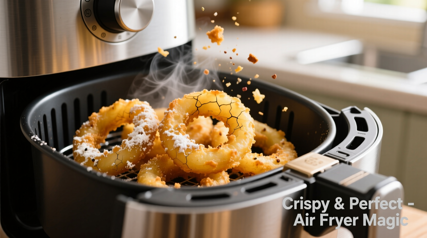 Golden crispy onion rings in air fryer basket