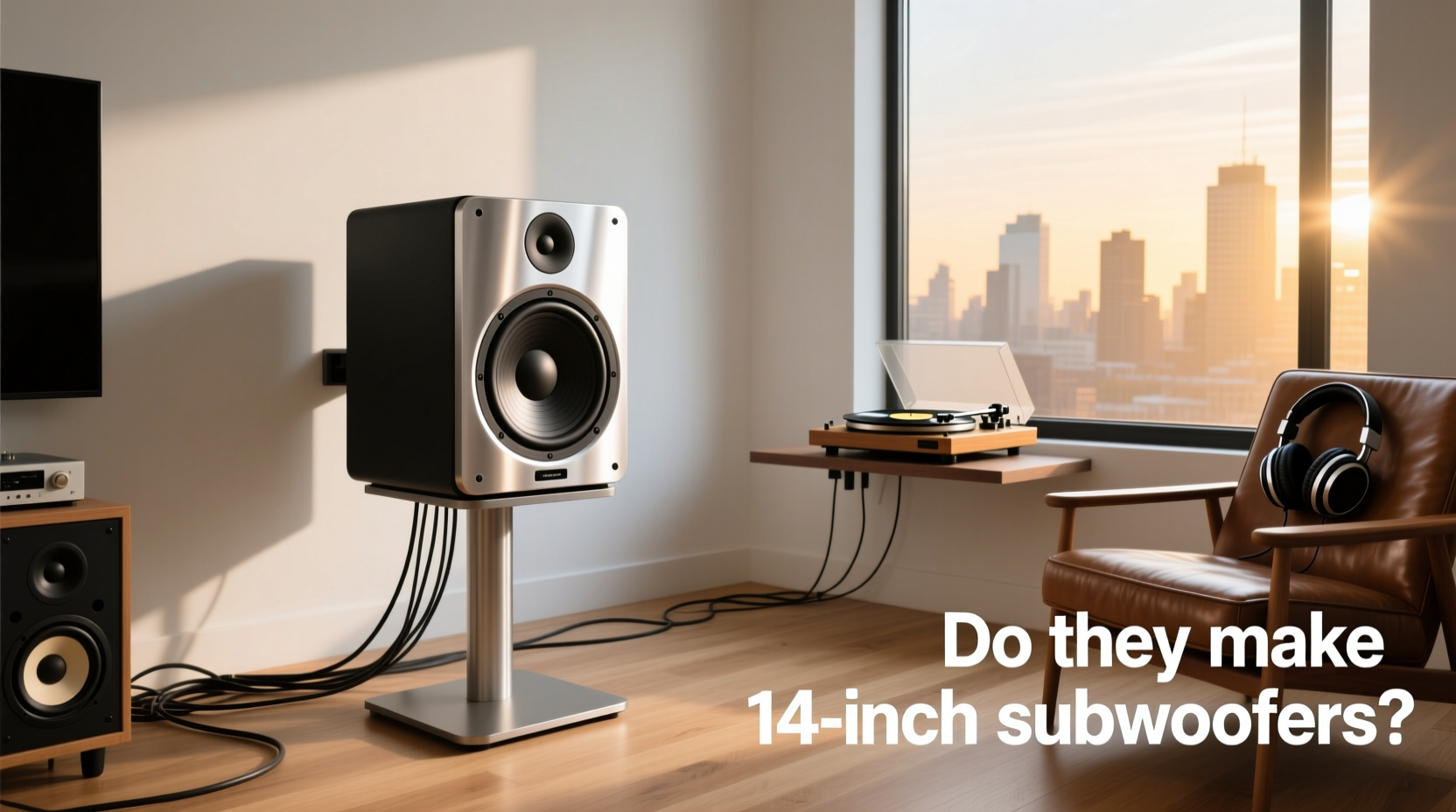 14 inch subwoofer in a black cabinet with front-firing driver