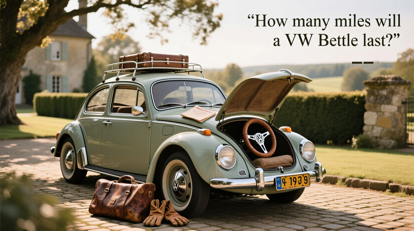 Custom accessories installed on a yellow Volkswagen Beetle including roof rack and decals
