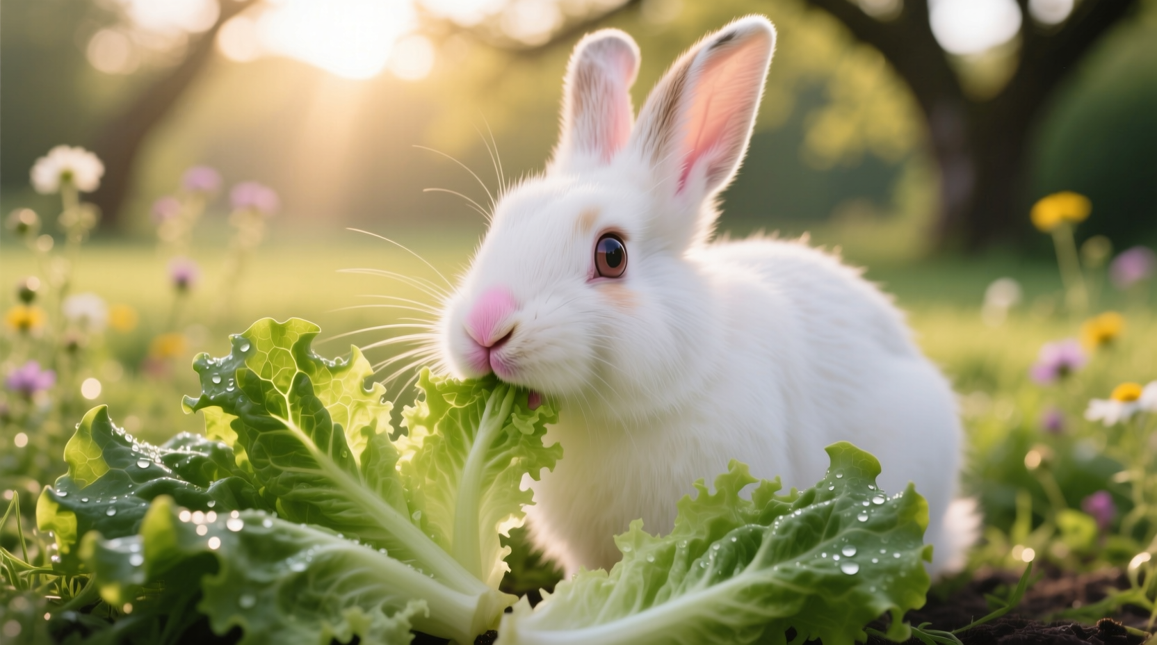 Rabbit safely eating romaine lettuce