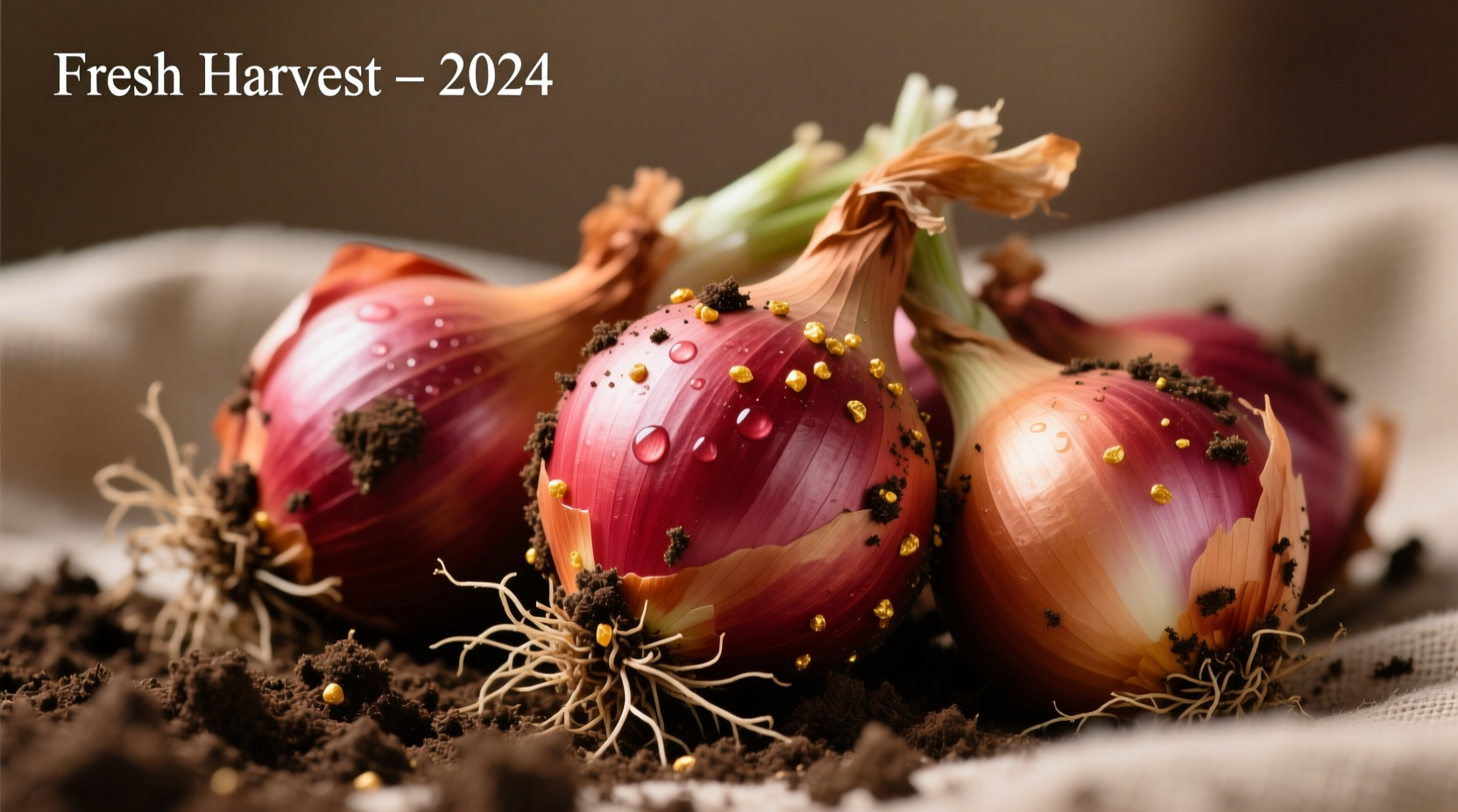 Freshly harvested red onions with soil still visible