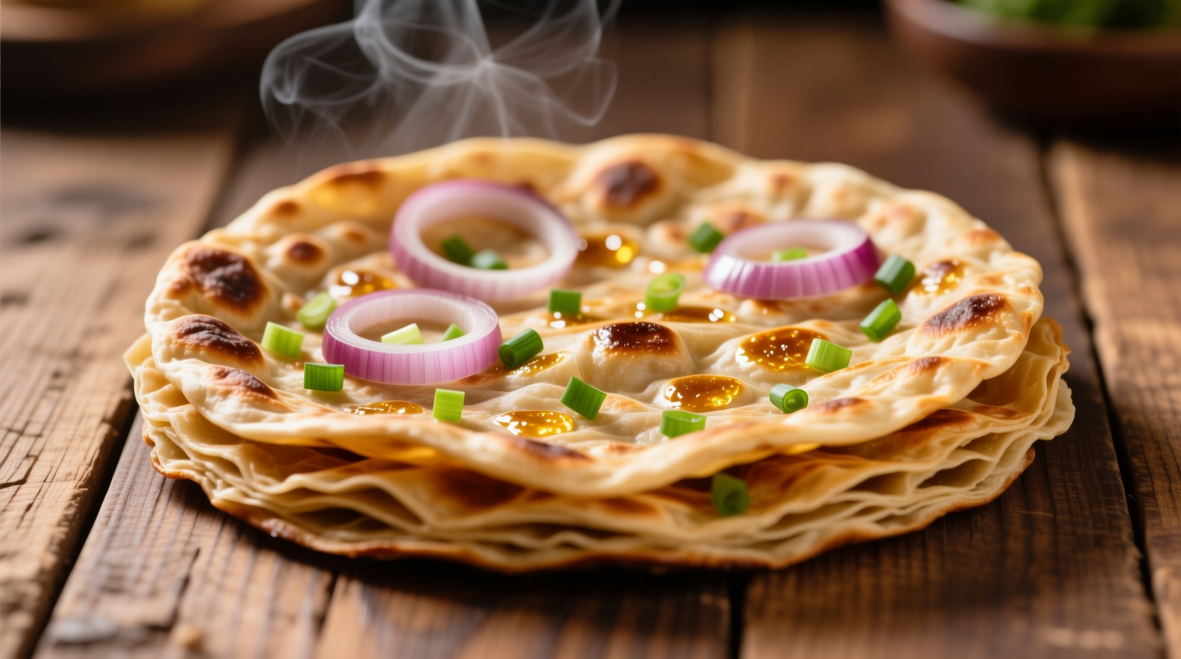 Golden brown onion paratha with visible flaky layers
