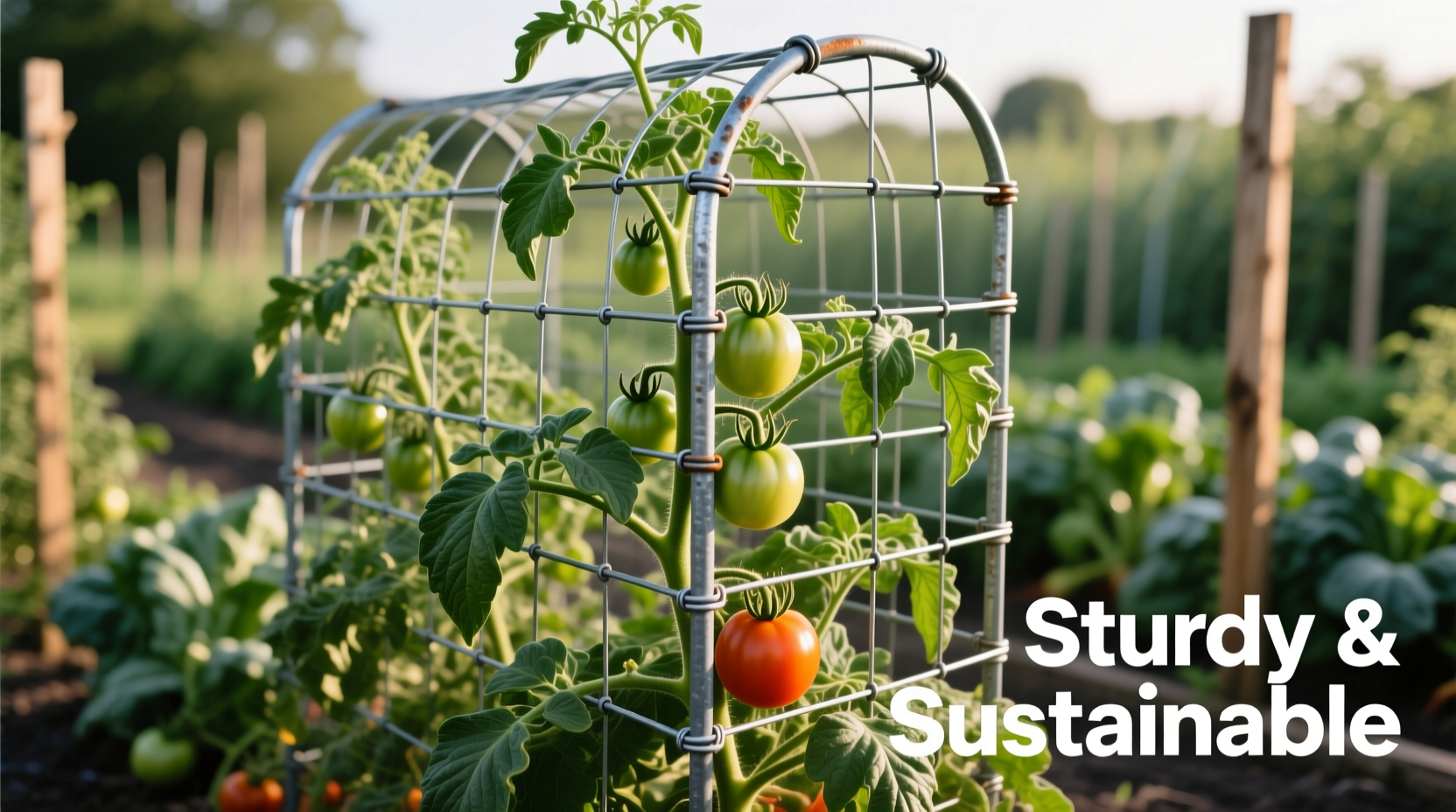 Completed welded wire tomato cage supporting healthy plants