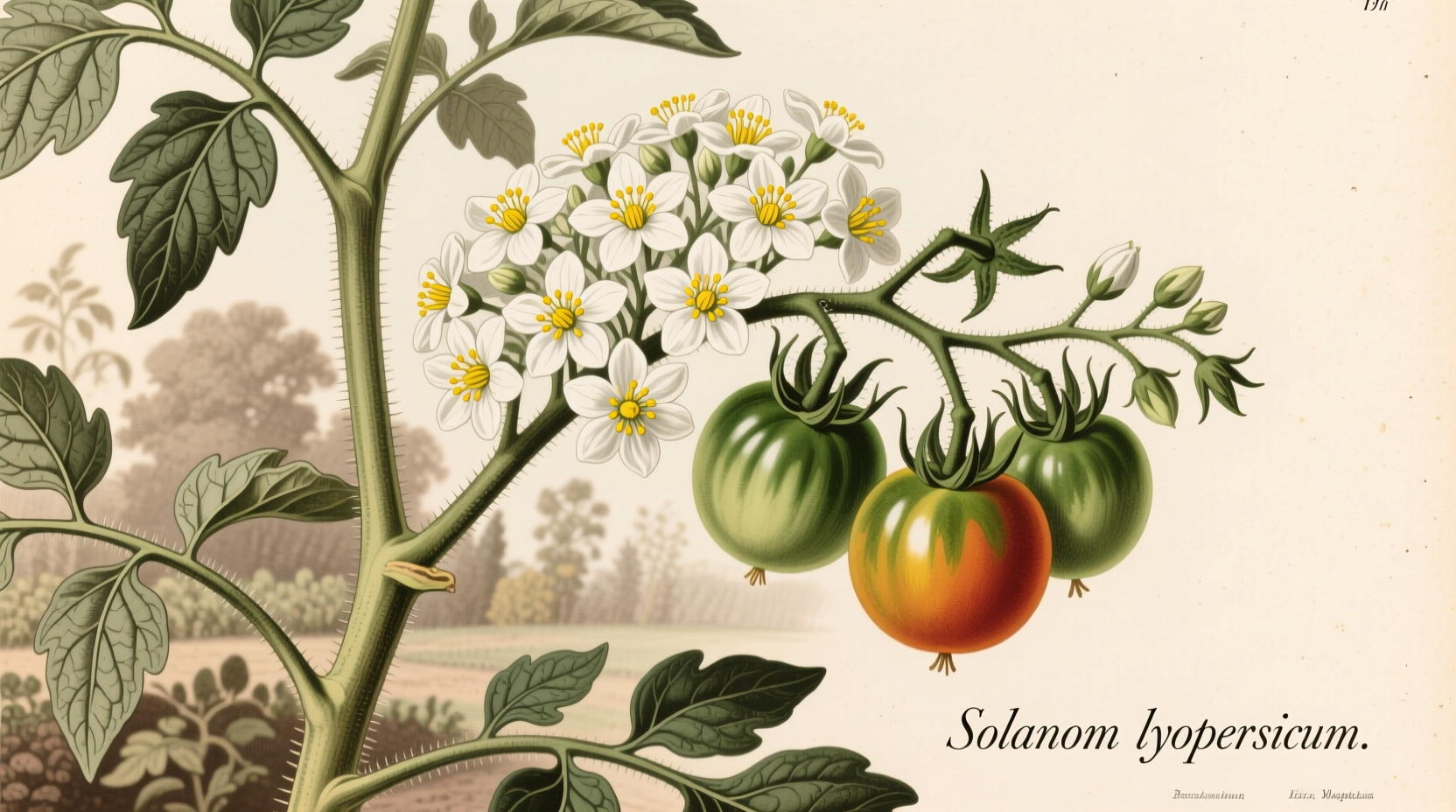 Tomato plant head showing flower clusters and developing fruit