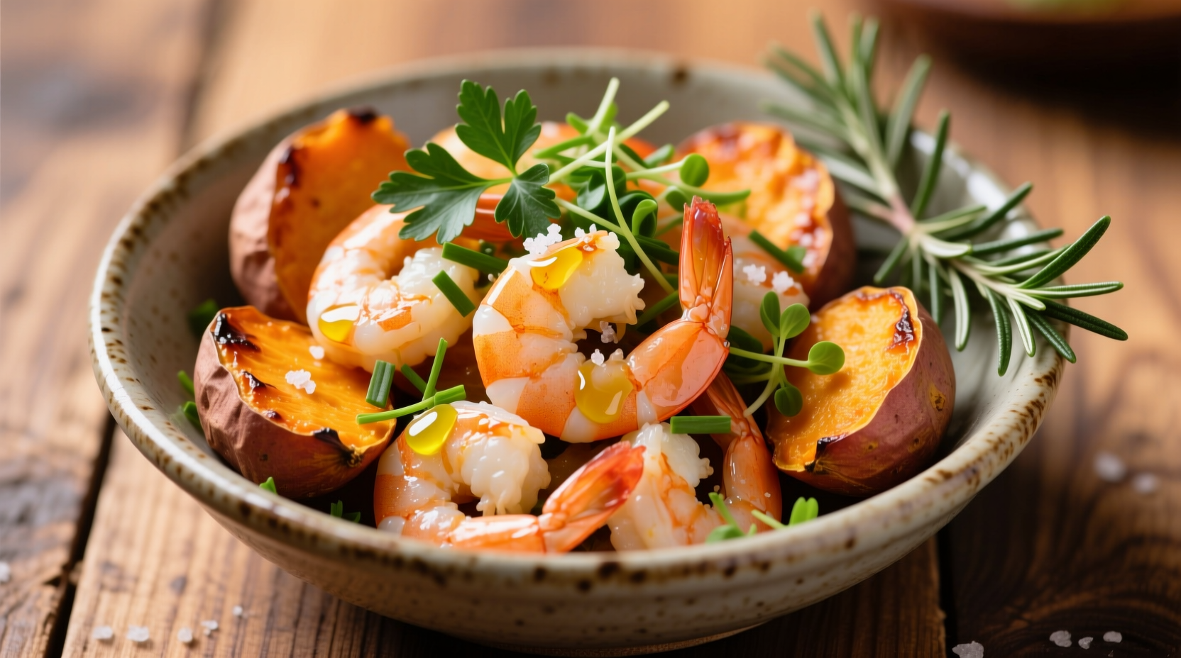 Shrimp and roasted sweet potato bowl with herbs