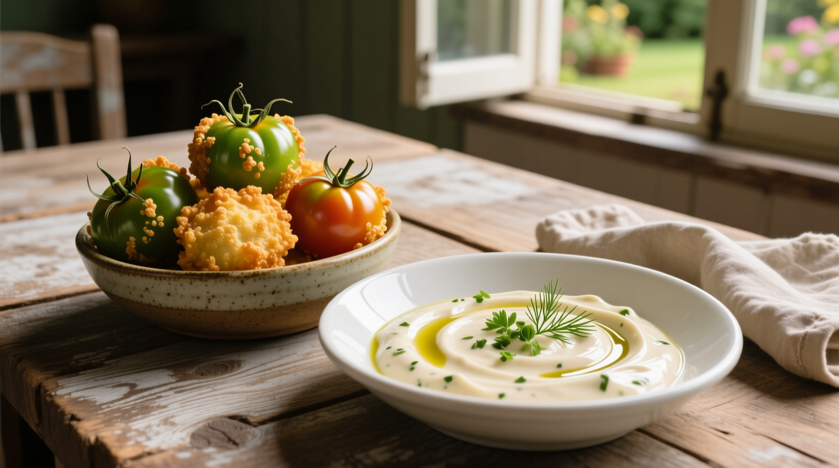 Creamy remoulade sauce beside golden fried green tomatoes