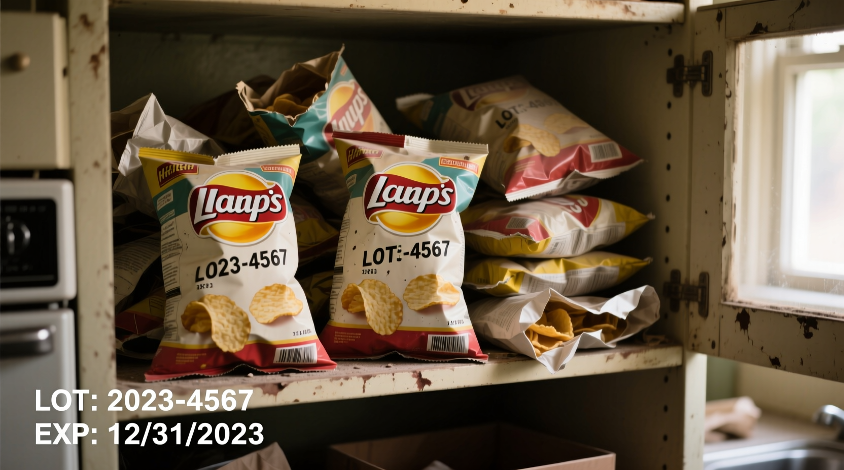 Recalled potato chip packages with visible lot codes and expiration dates