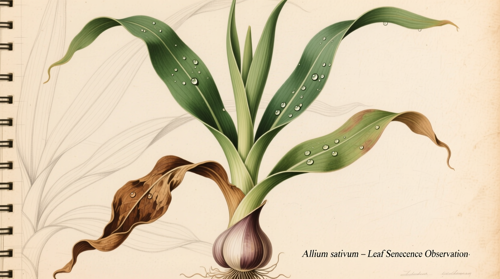 Garlic plant showing brown lower leaves and green upper leaves