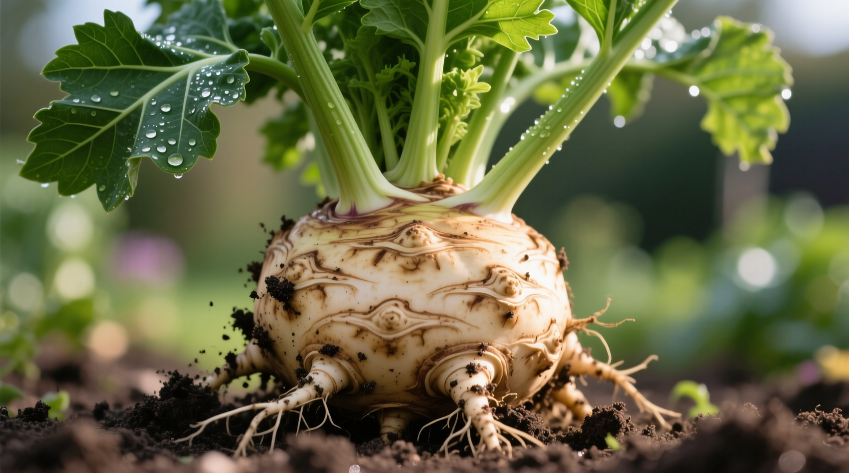 Celeriac root vegetable with leaves attached showing its knobby texture