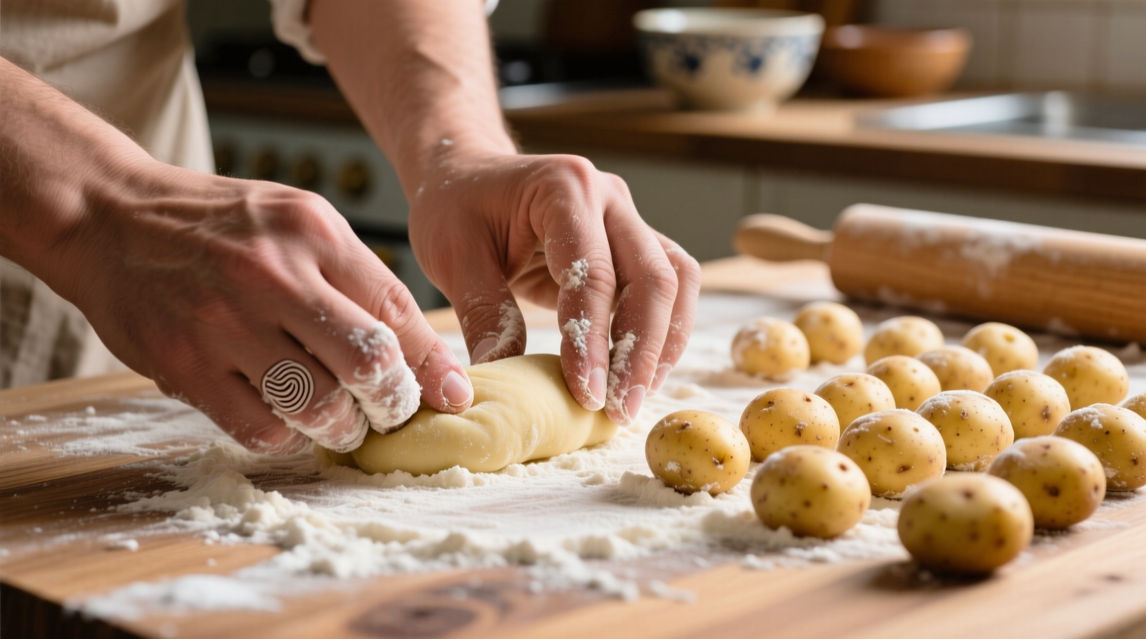 Hand shaping potato gnocchi on floured surface