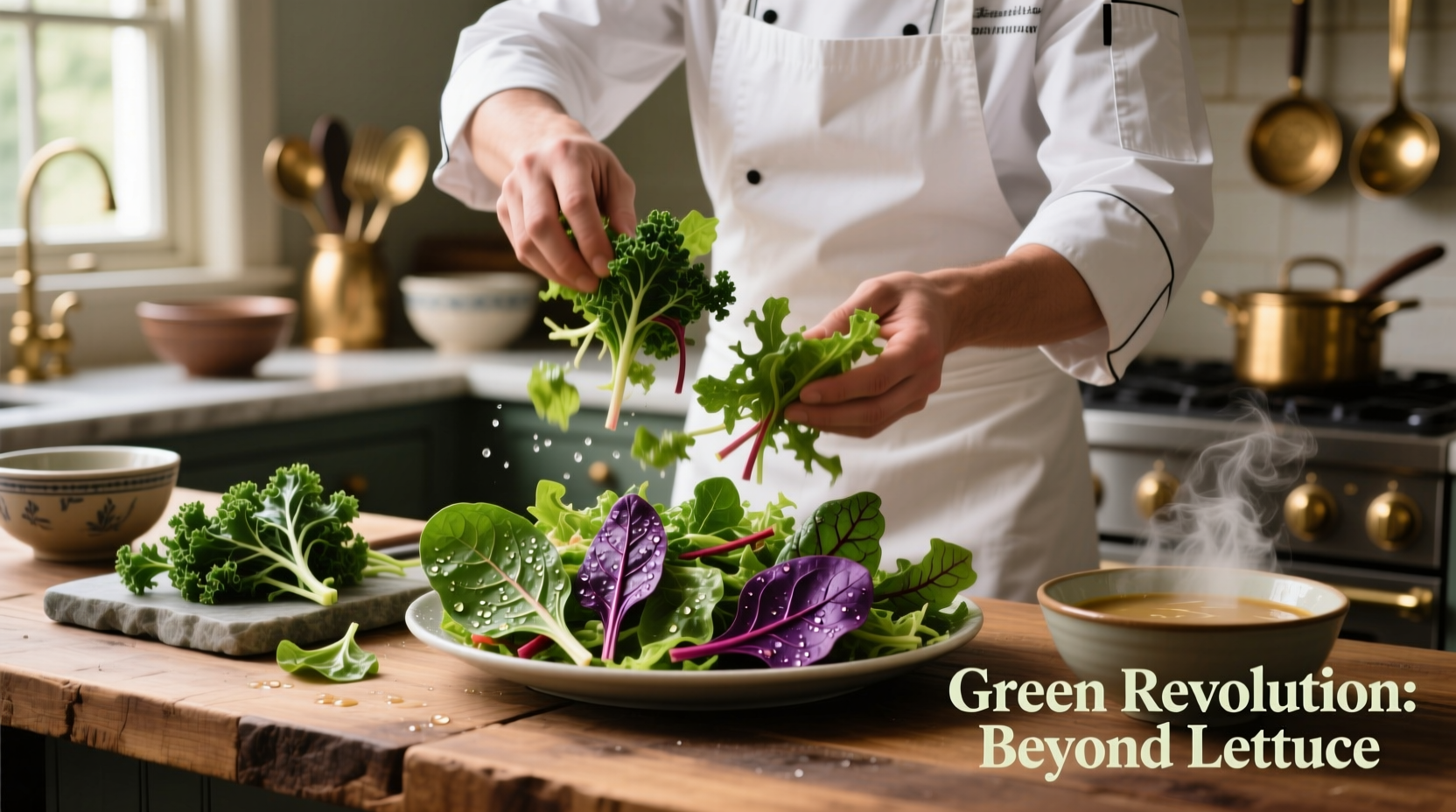 Chef preparing salad with various leafy greens substitutes