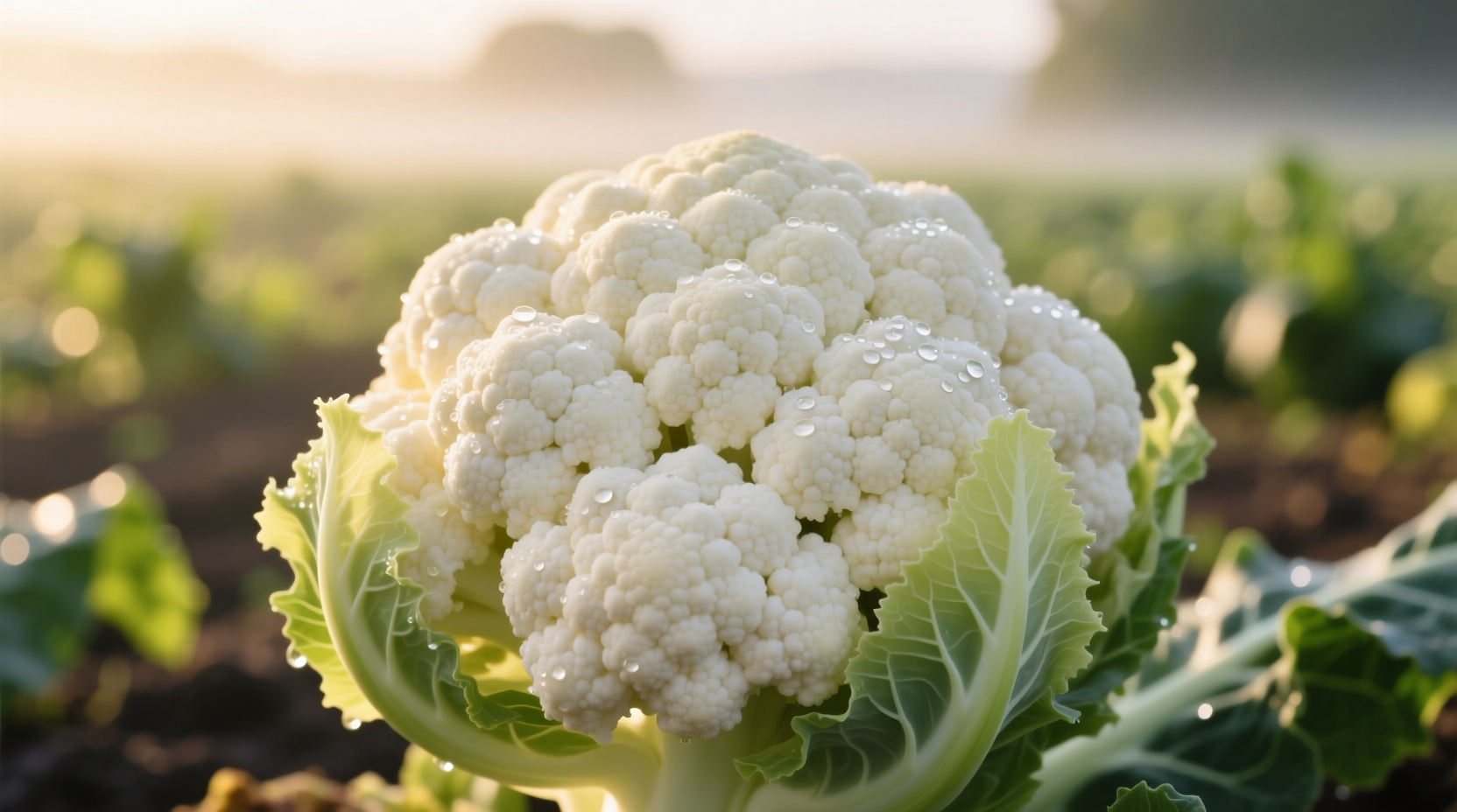 Close-up of perfectly harvested white cauliflower head