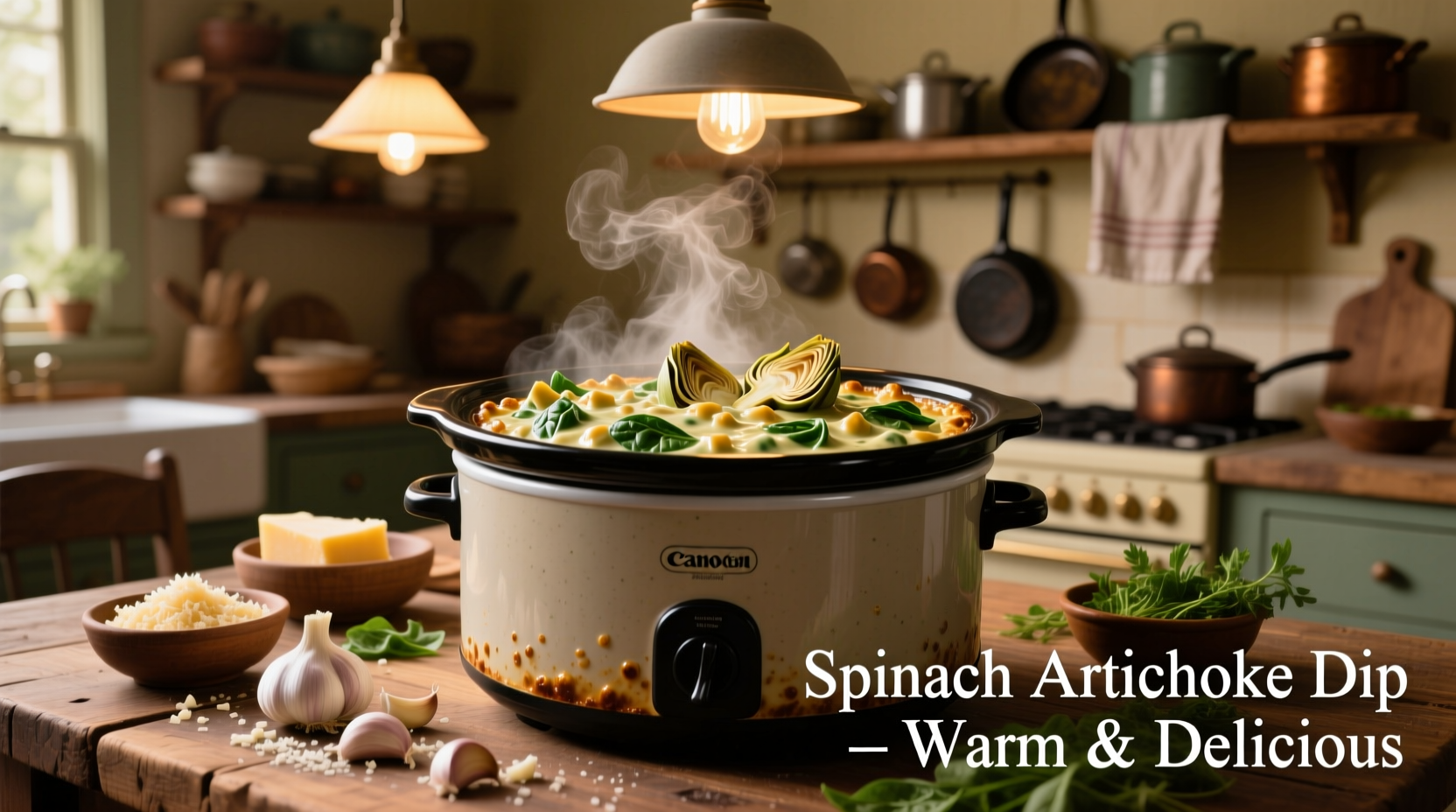 Slow cooker filled with bubbling spinach artichoke dip