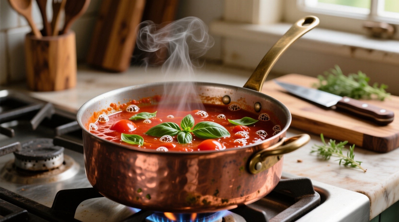 Fresh tomato basil sauce simmering in copper pot