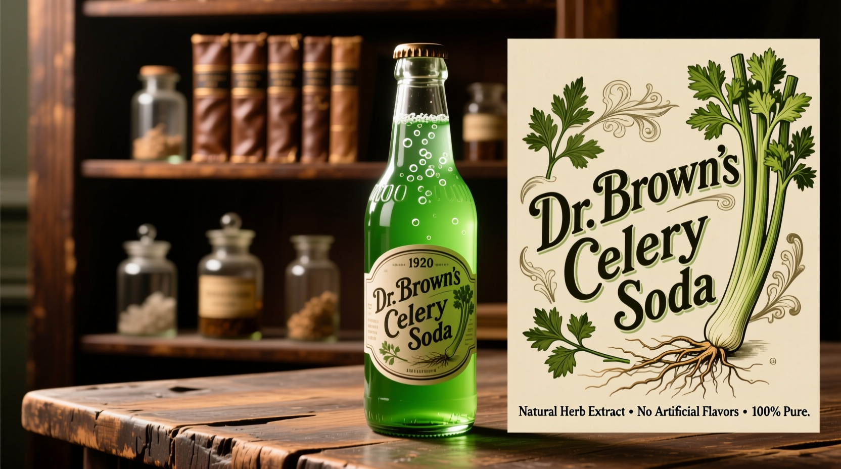 Dr. Brown's Celery Soda bottle showing distinctive green liquid