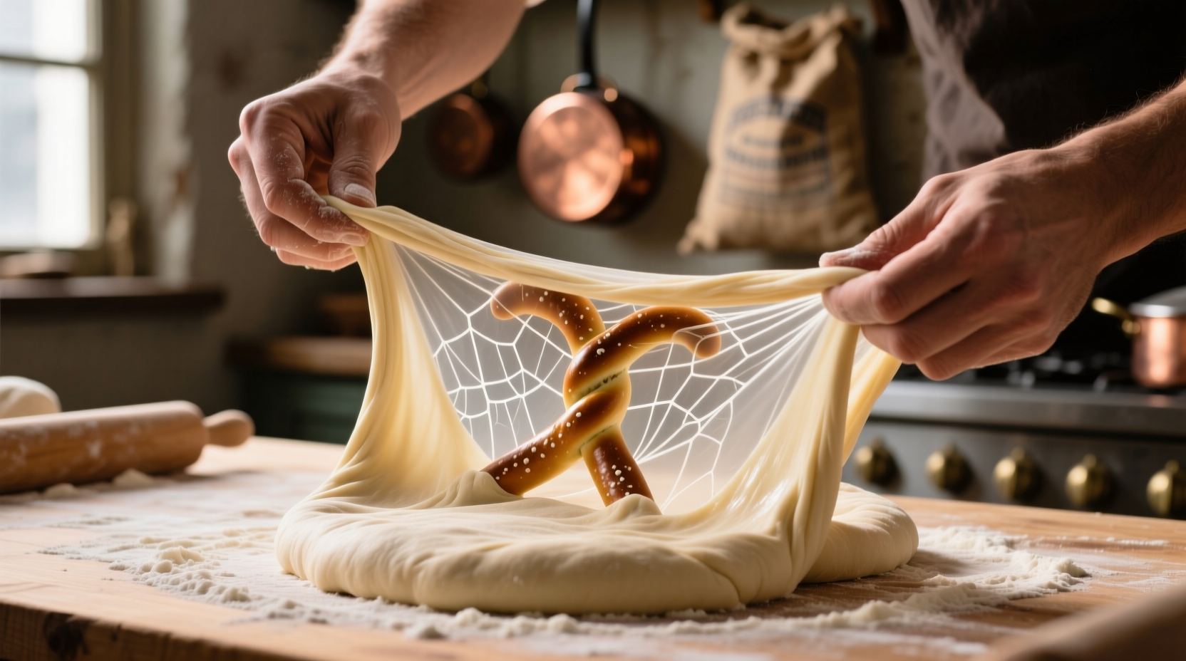 Testing pretzel dough elasticity with windowpane technique