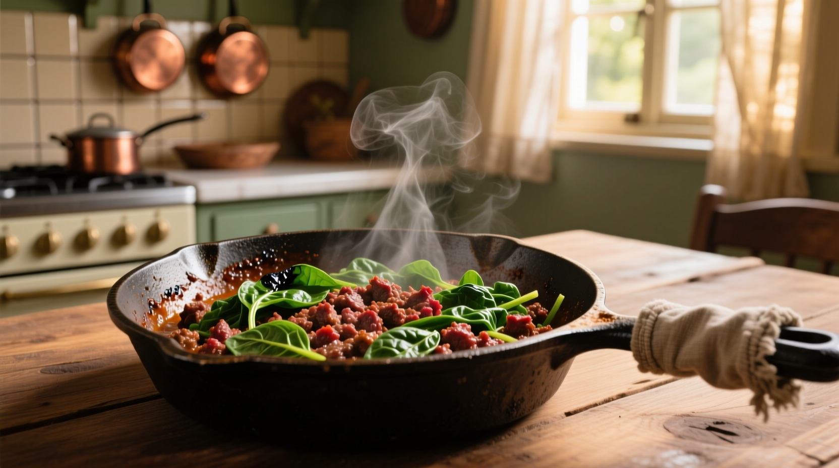 Ground beef and spinach skillet meal in cast iron pan
