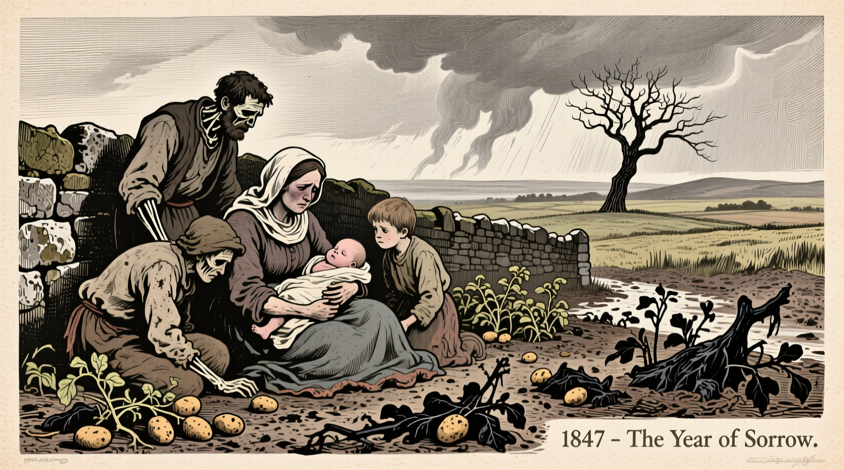 Historical illustration of Irish famine victims during the potato blight