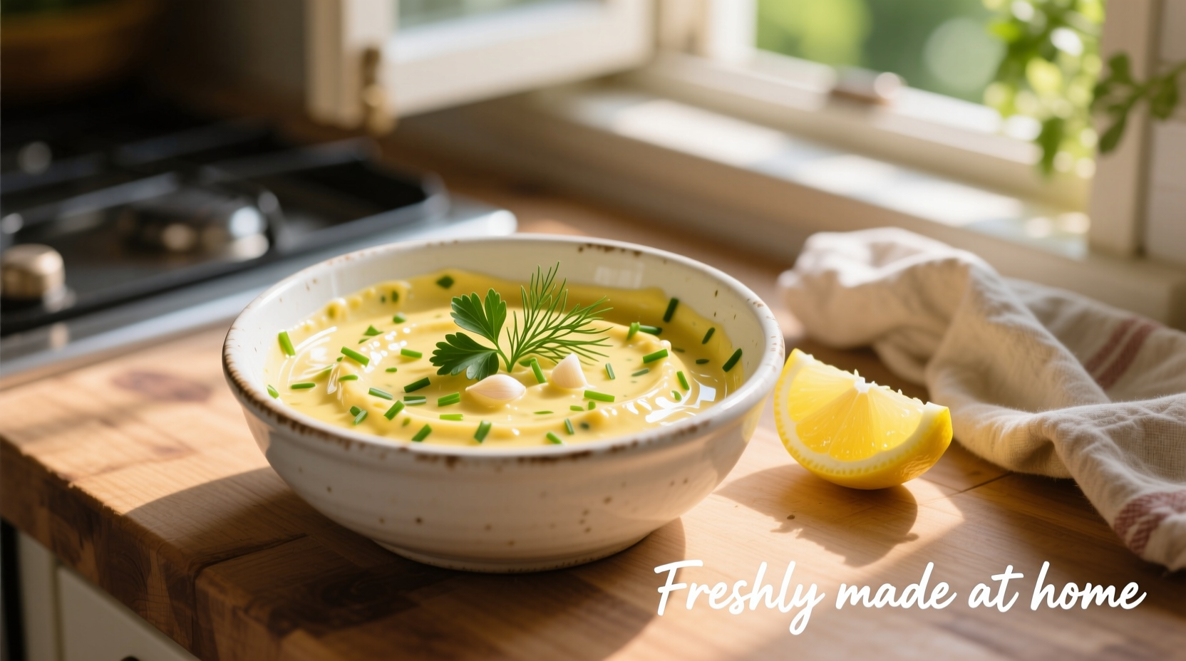 Homemade lemon garlic aioli in white bowl with herbs