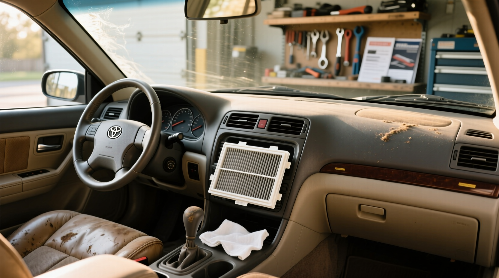 2001 Camry cabin air filter showing airflow direction arrow