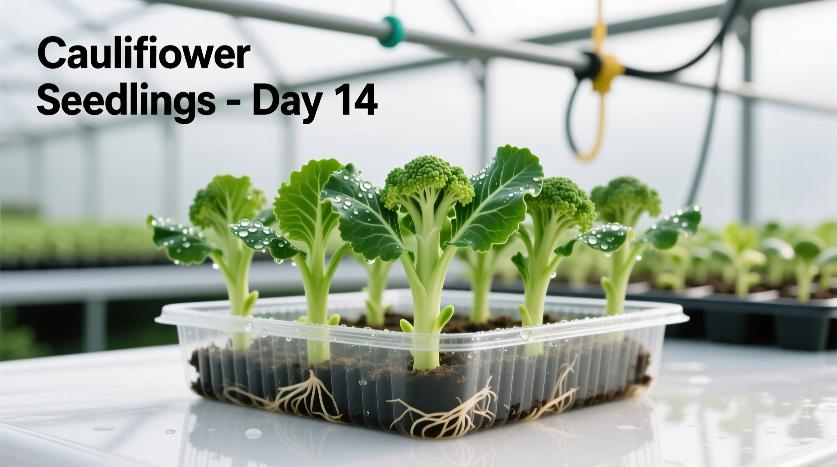 Cauliflower seedlings in nursery trays showing healthy growth