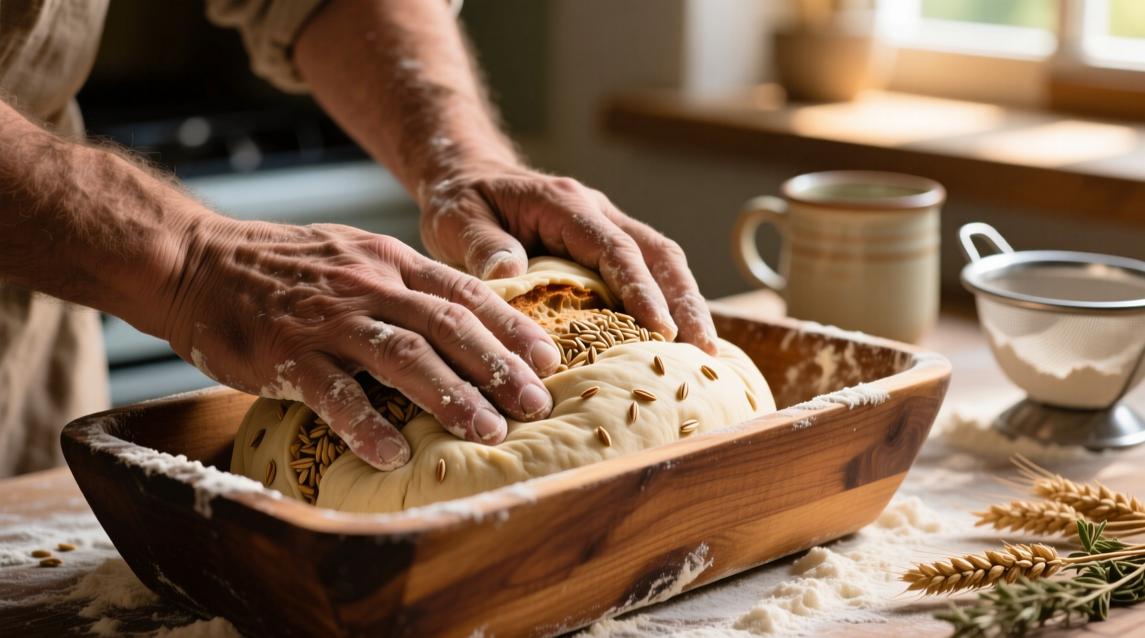 Hands shaping whole grain bread dough in a loaf pan