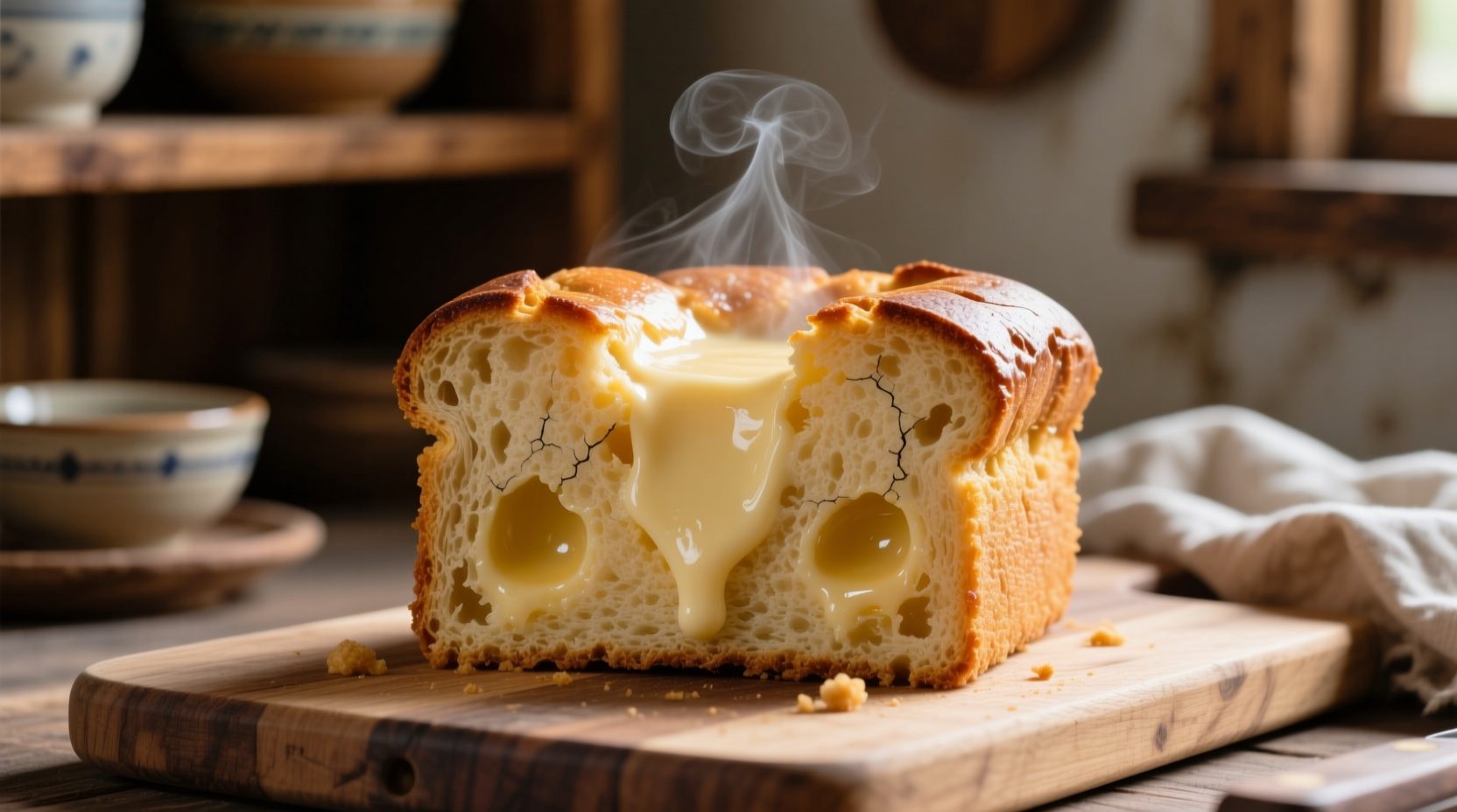 Sliced bread pudding showing creamy interior texture