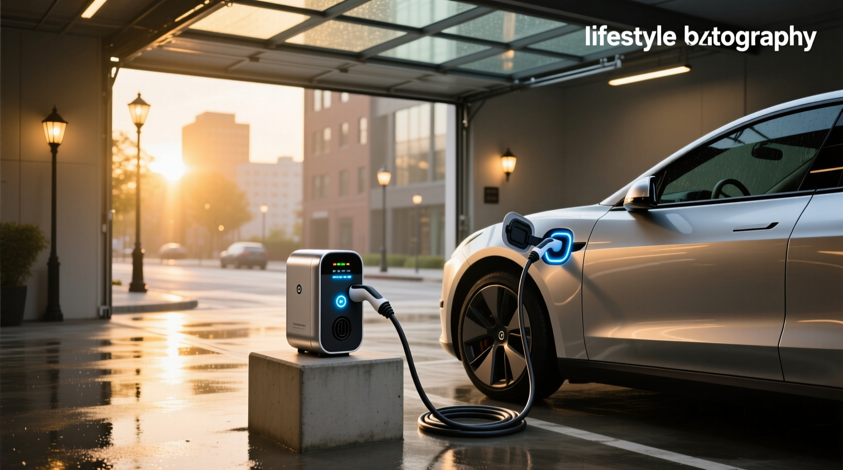 Portable electric car charger in use at night