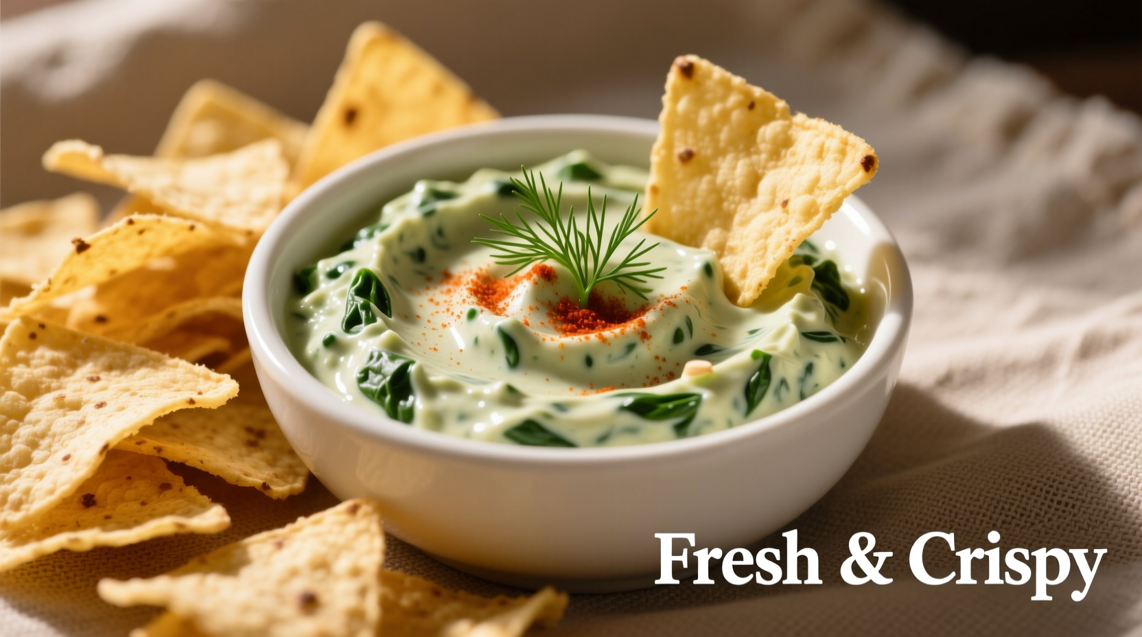 Creamy spinach dip in white bowl with tortilla chips