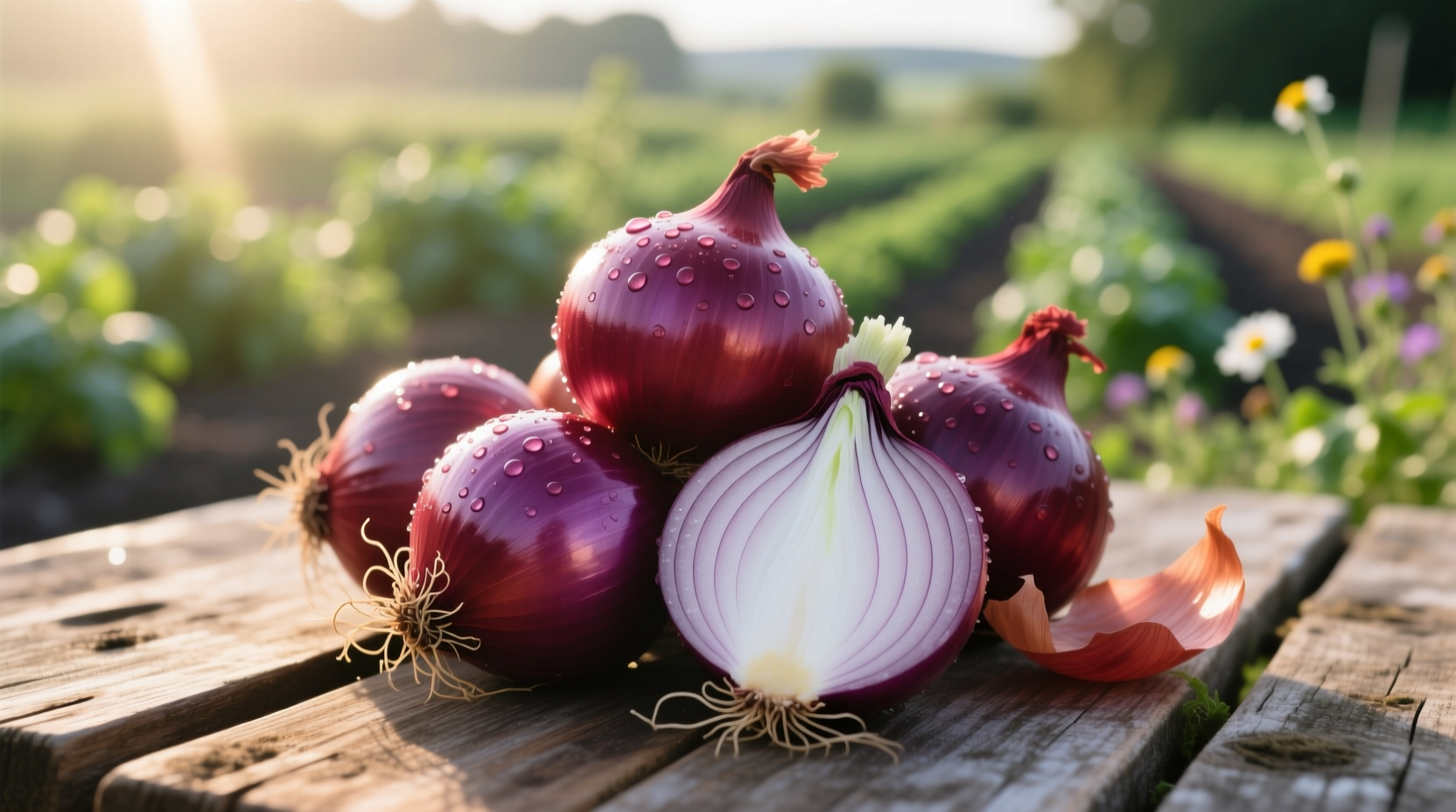 Fresh organic red onions with purple skin and white flesh