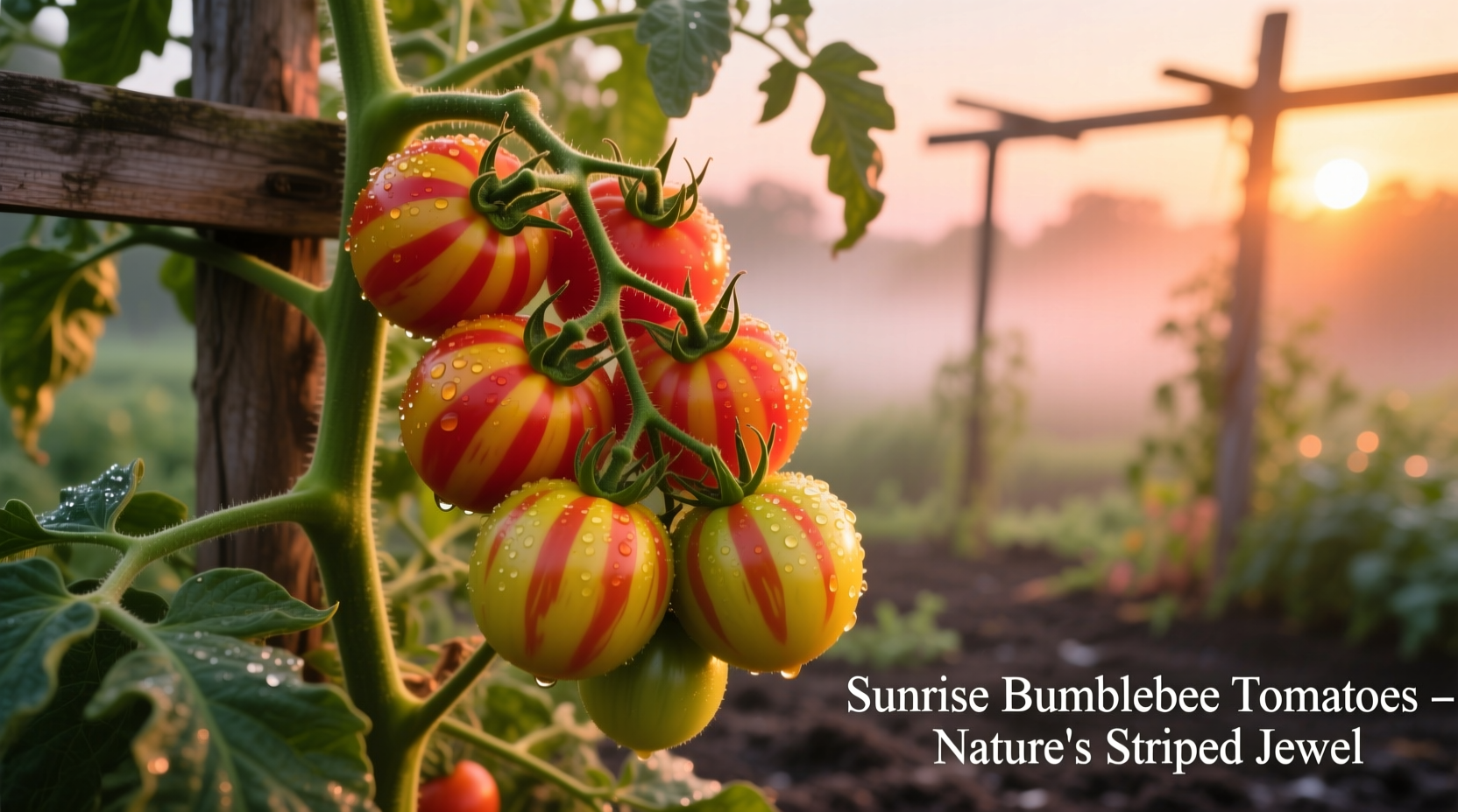 Sunrise Bumblebee tomatoes on vine with striped yellow-red fruit