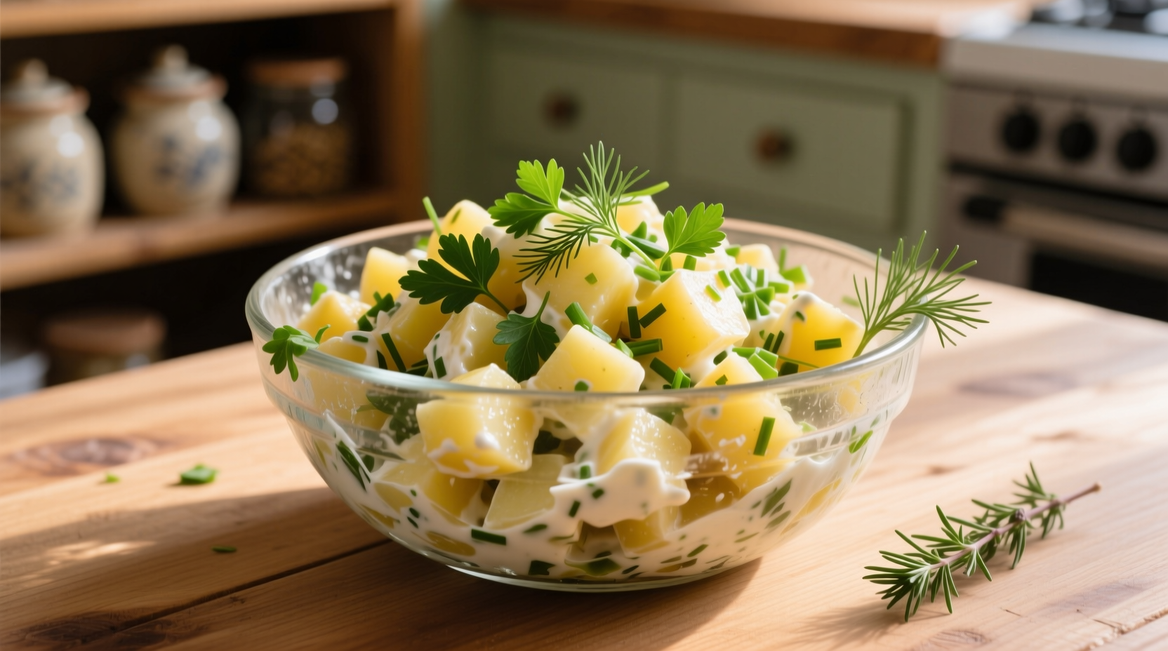 Homemade potato salad in a glass bowl with fresh herbs