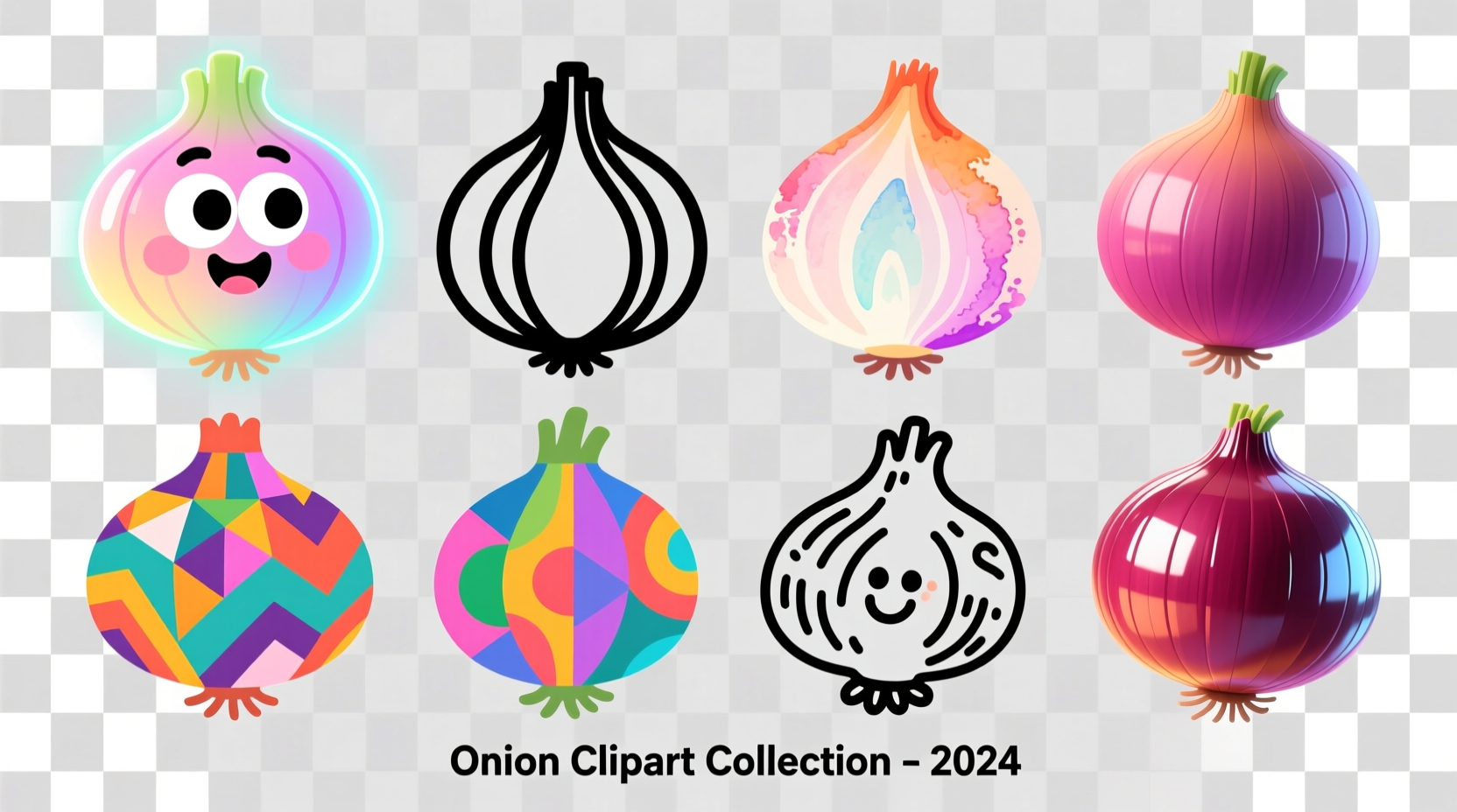 Colorful onion clipart collection showing various styles