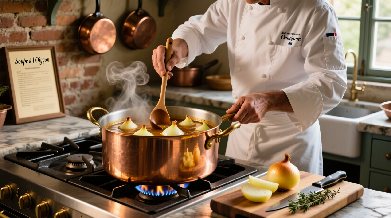 Chef preparing French onion soup in copper pot