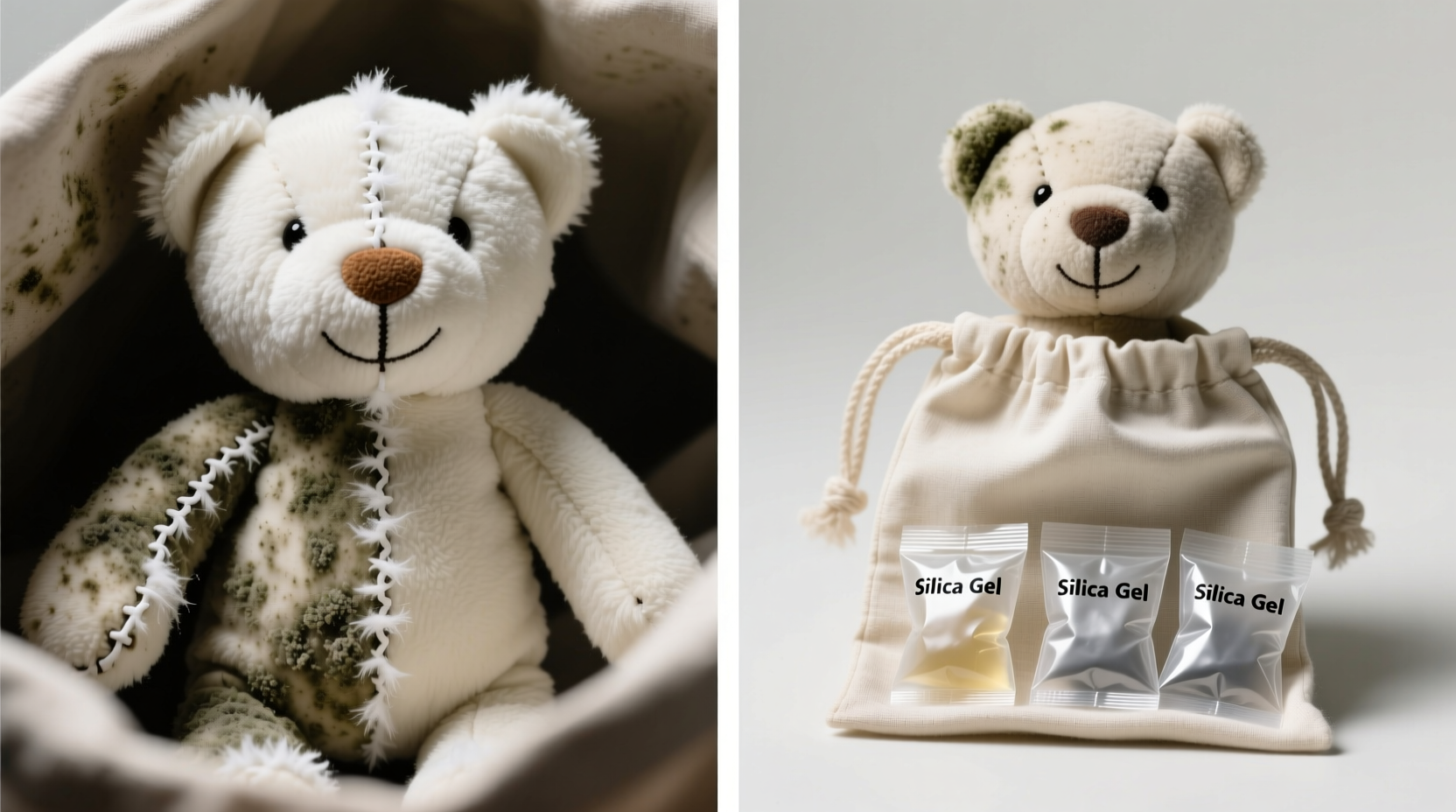 Side-by-side comparison: left shows plush figure with visible white mold fuzz along seam lines after 3-day damp storage; right shows same figure post-treatment—clean, dry, no discoloration, placed inside breathable cotton drawstring bag with three visible silica gel packets