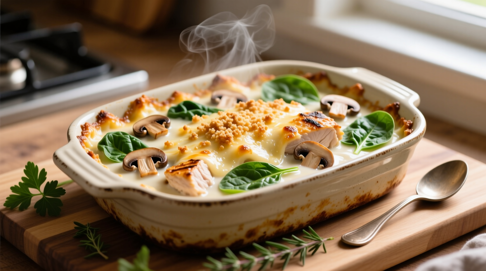 Creamy mushroom spinach chicken casserole in baking dish