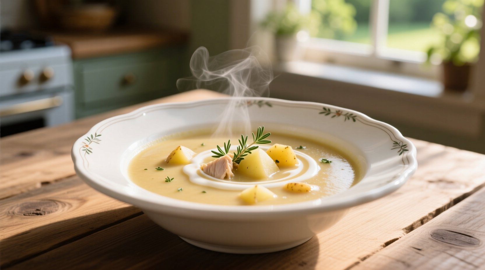 Creamy potato soup with chicken broth in white bowl