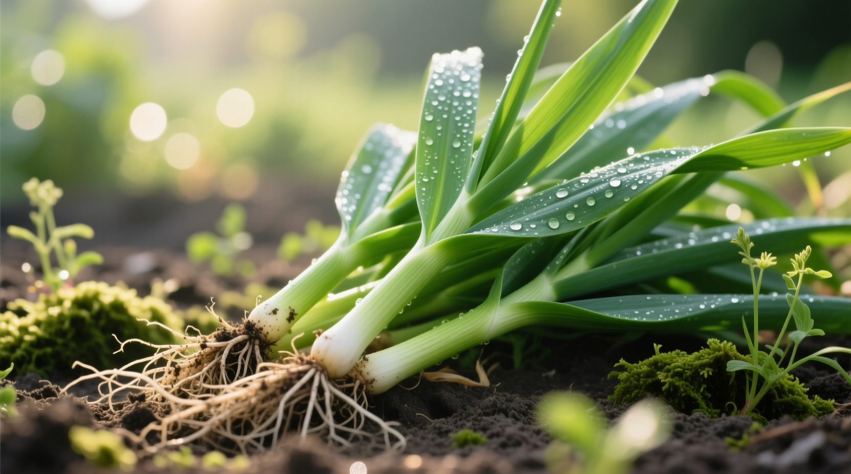 Fresh green garlic stalks with roots and leaves